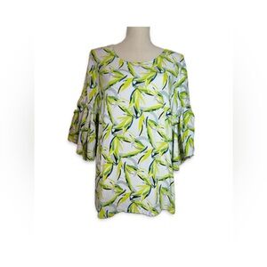 Alfani Blouse Women’s Size Large Green/Black/Blue Bell Sleeves